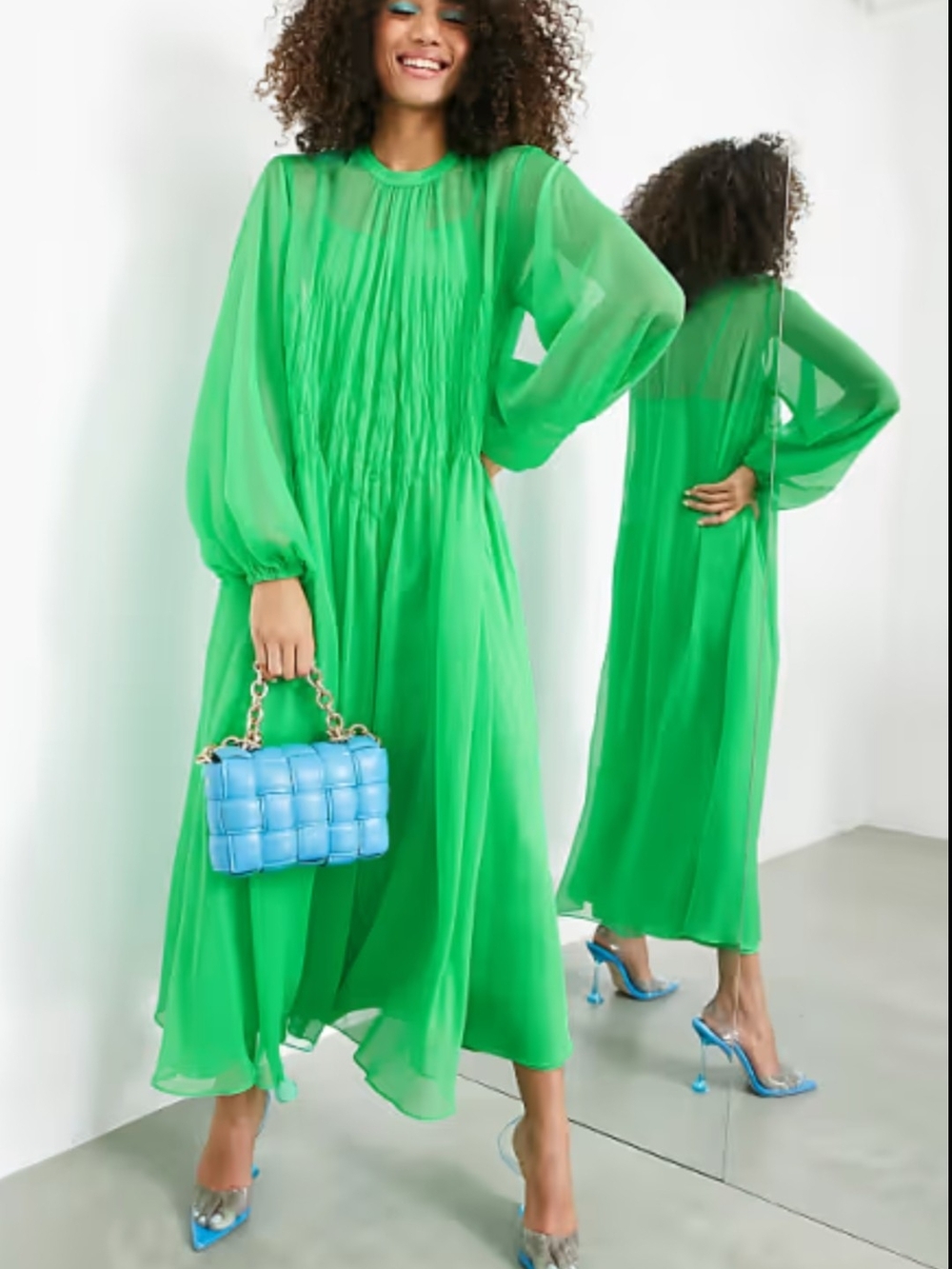 ASOS Edition Bright Green Long Sleeve Smocked Maxi Dress